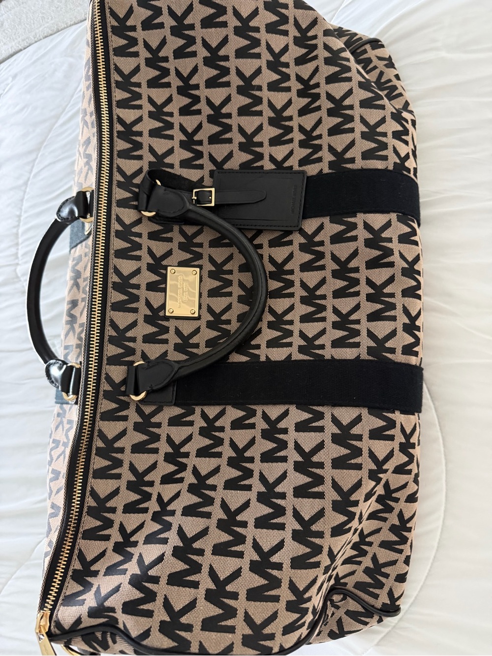 Michael Kors Tan and Black MK Monogram Travel Duffel